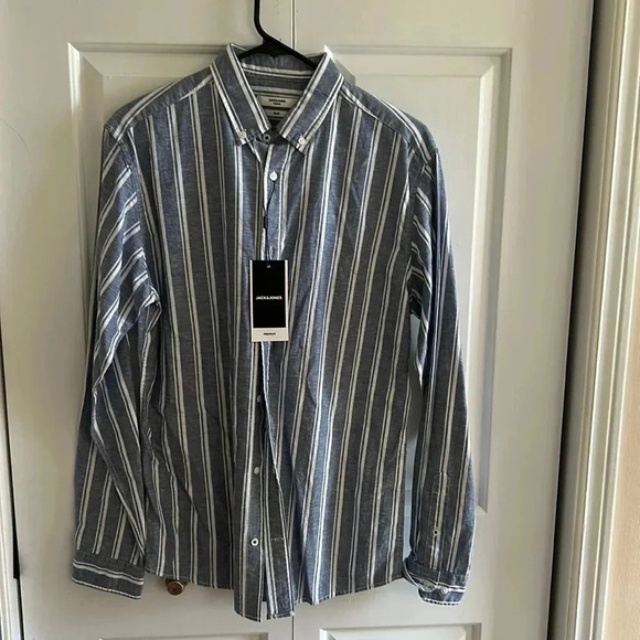 JACK & JONES SLIM FIT cotton linen  men shirt , striped vertically BLUE WHITE - Picture 4 of 10